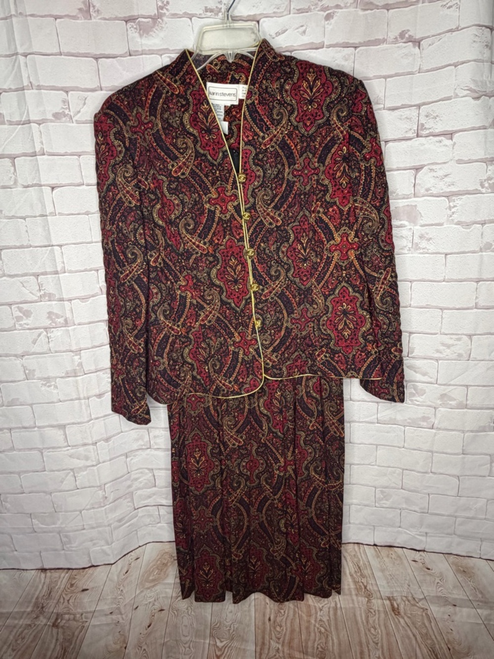 Karin Stevens Vintage Paisley Dress & Jacket Set Red Gold Boho Chic Midi 2-Piece